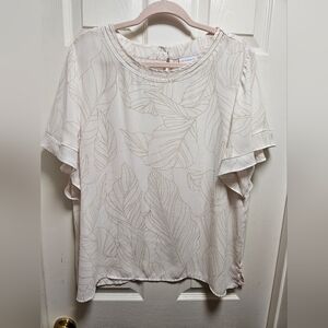 Liz Claiborne Beige Leaf Print Blouse XL Flowy Short Sleeve Ruffle Sleeve